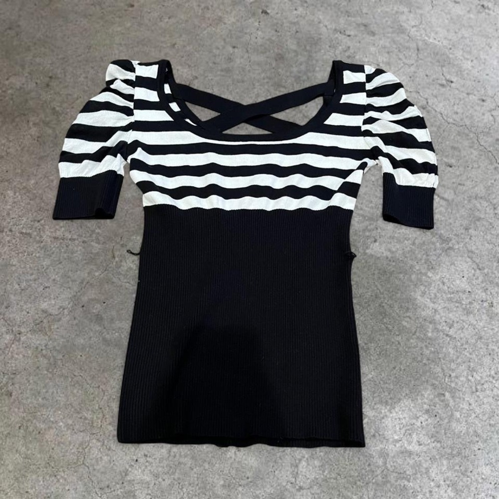 y2k deadstock black and white striped cross back knit top medium